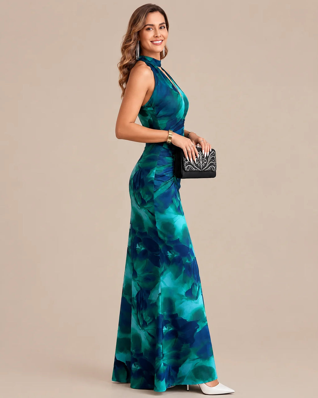 Keyhole Halter Open Back Watercolor Print Maxi Dress | Oyese