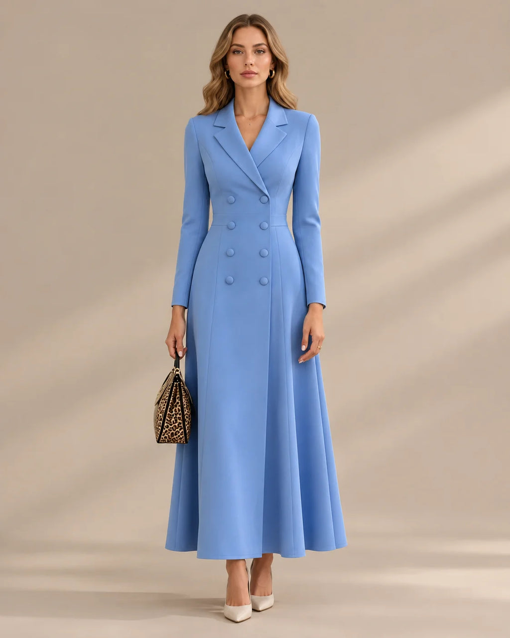 Double-Breasted Long Sleeve Fit and Flare Blazer Maxi Dress | Oyese