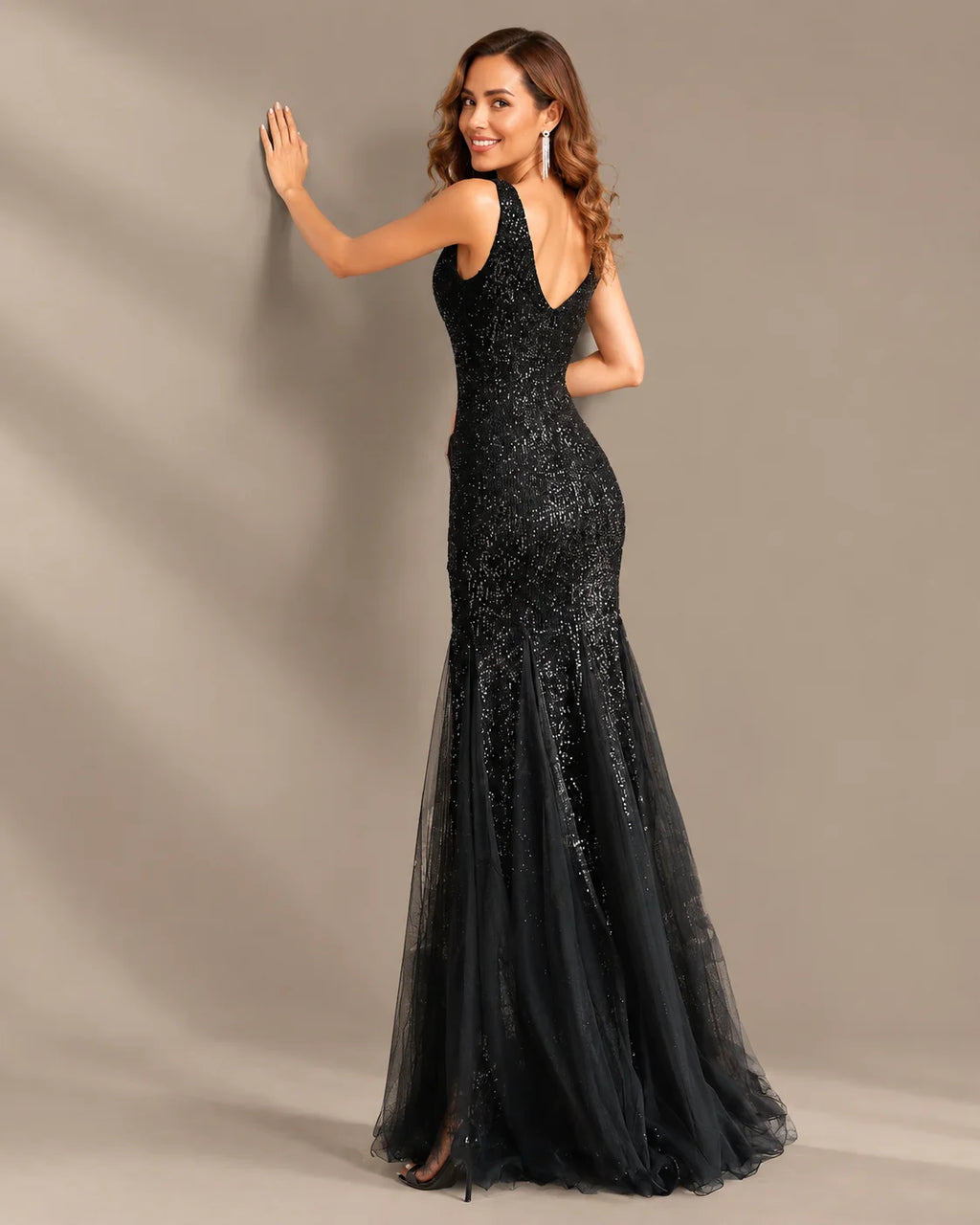 Deep V-Neck Beaded Tulle Mermaid Evening Gown | Oyese