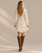 Ruffle Trim V-Neck Ditsy Floral Long Sleeve High-Low Mini Dress | Oyese