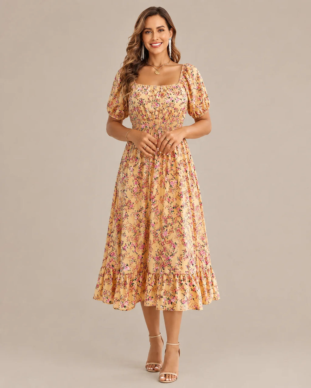 Off-Shoulder Floral Puff Sleeve Ruffle A-Line Dress | Oyese
