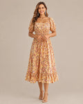 Off-Shoulder Floral Puff Sleeve Ruffle A-Line Dress | Oyese