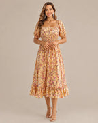 Off-Shoulder Floral Puff Sleeve Ruffle A-Line Dress | Oyese
