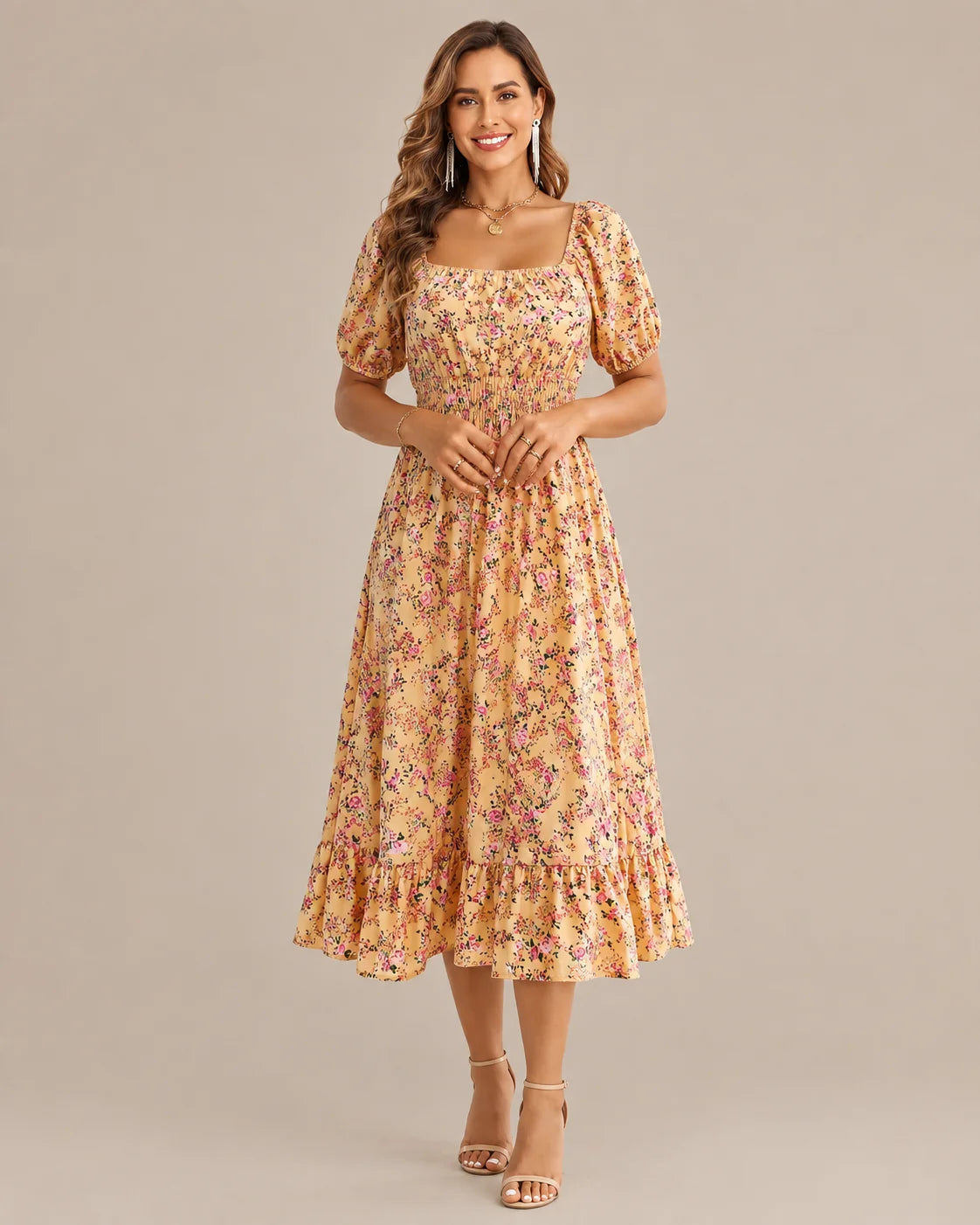 Off-Shoulder Floral Puff Sleeve Ruffle A-Line Dress | Oyese