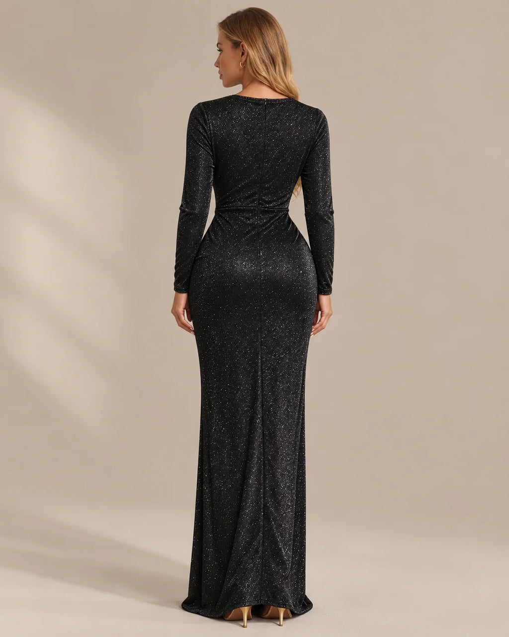 Shimmer Wrap V Neck Long Sleeve Maxi Dress – High Slit Evening Gown | Oyese