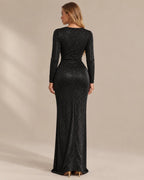 Shimmer Wrap V Neck Long Sleeve Maxi Dress – High Slit Evening Gown | Oyese