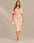 Pearl Embellished V Neck Midi Dress – Flutter Sleeve Bodycon Occasion Dress | Oyese