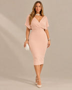 Pearl Embellished V Neck Midi Dress – Flutter Sleeve Bodycon Occasion Dress | Oyese