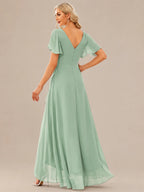 Double V-Neck Flutter Sleeve Flowy Slit Maxi Gown | Oyese
