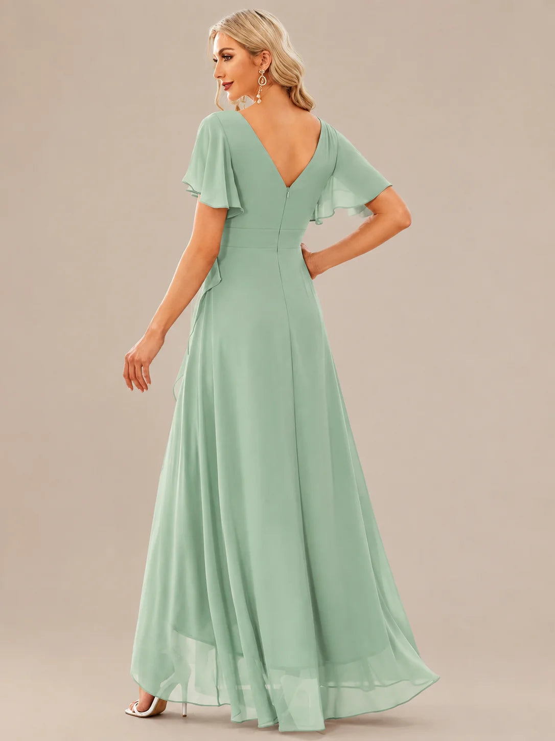 Double V-Neck Flutter Sleeve Flowy Slit Maxi Gown | Oyese