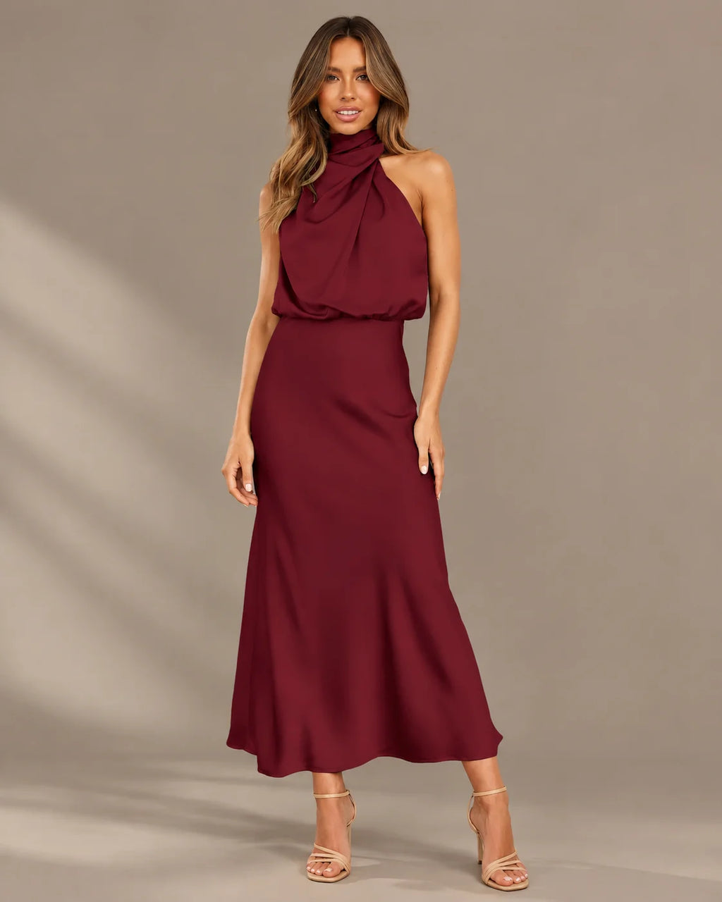Halter Cowl Neck Draped Satin Midi Dress | Oyese