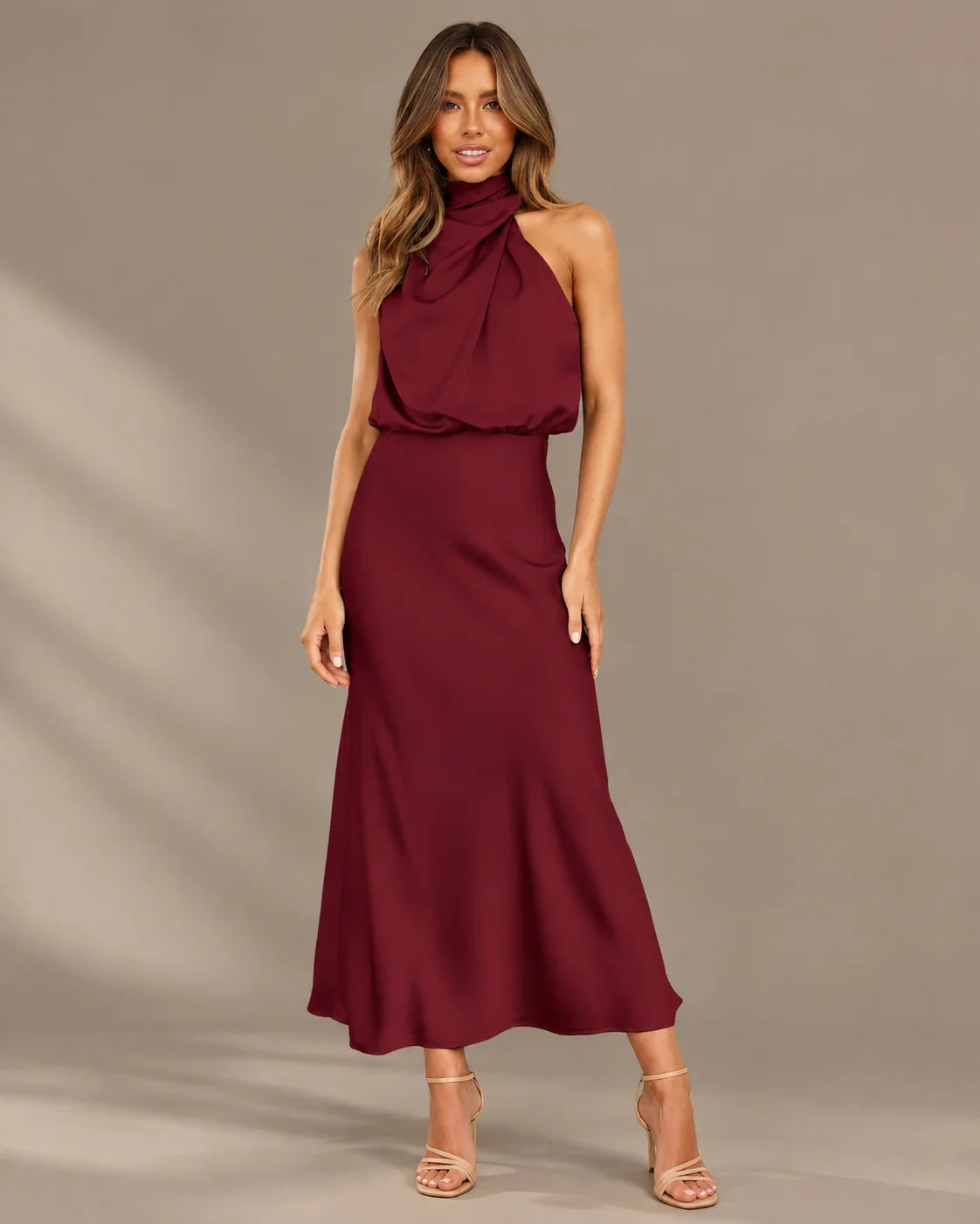 Halter Cowl Neck Draped Satin Midi Dress | Oyese