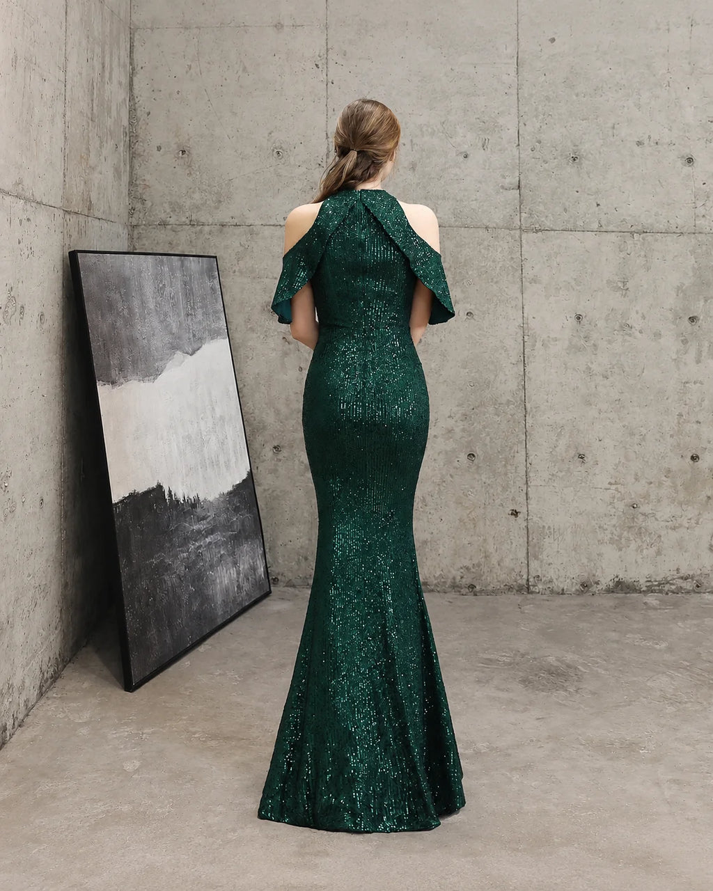 Keyhole Halter Sequin Mermaid Evening Gown | Oyese