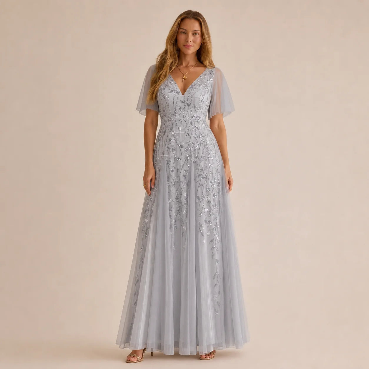 Deep V-Neck Sequin Tulle A-Line Gown – Flutter Sleeve Formal Evening Dress | Oyese