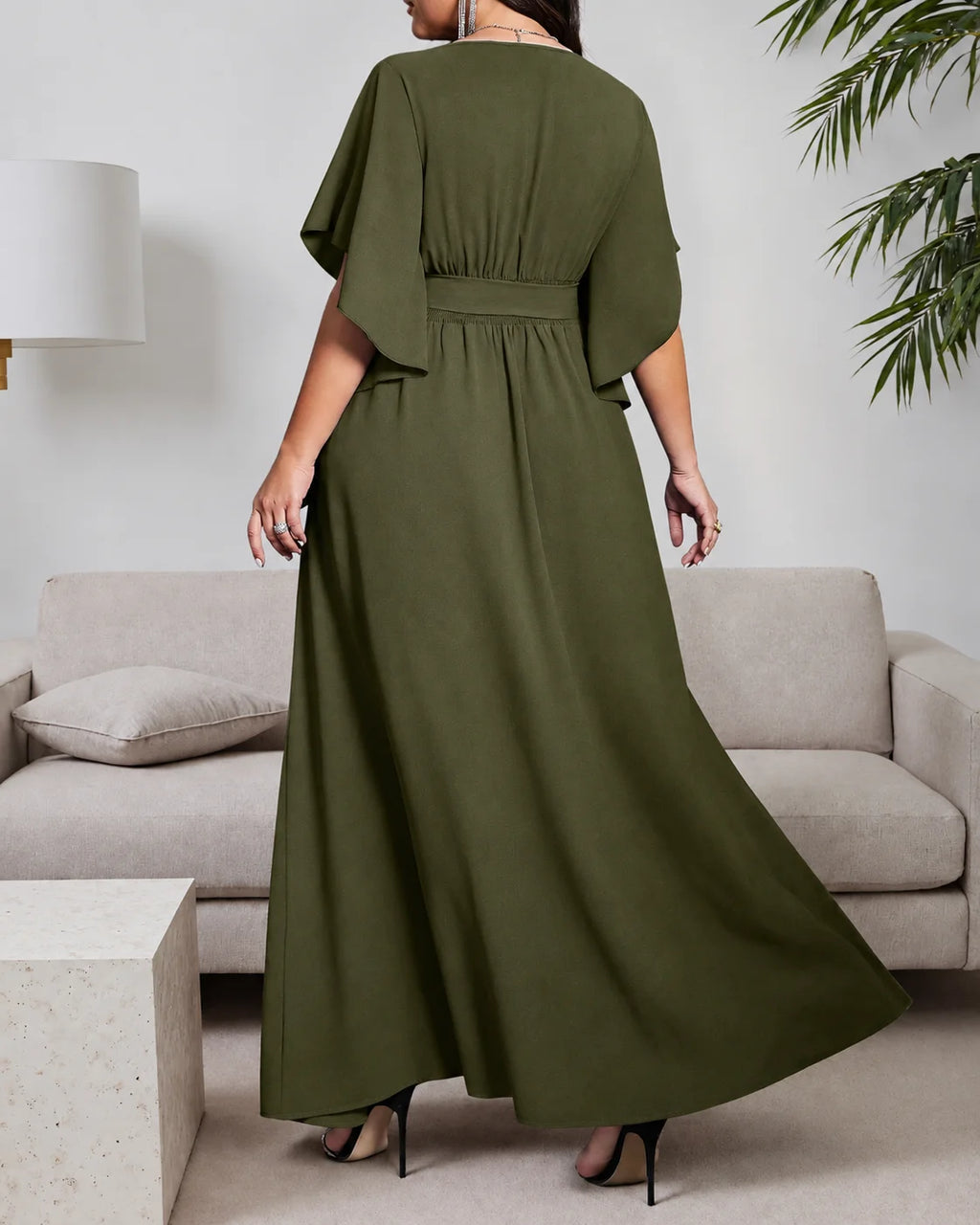 Plus Size Wrap V-Neck Flutter Sleeve Slit Maxi Dress | Oyese