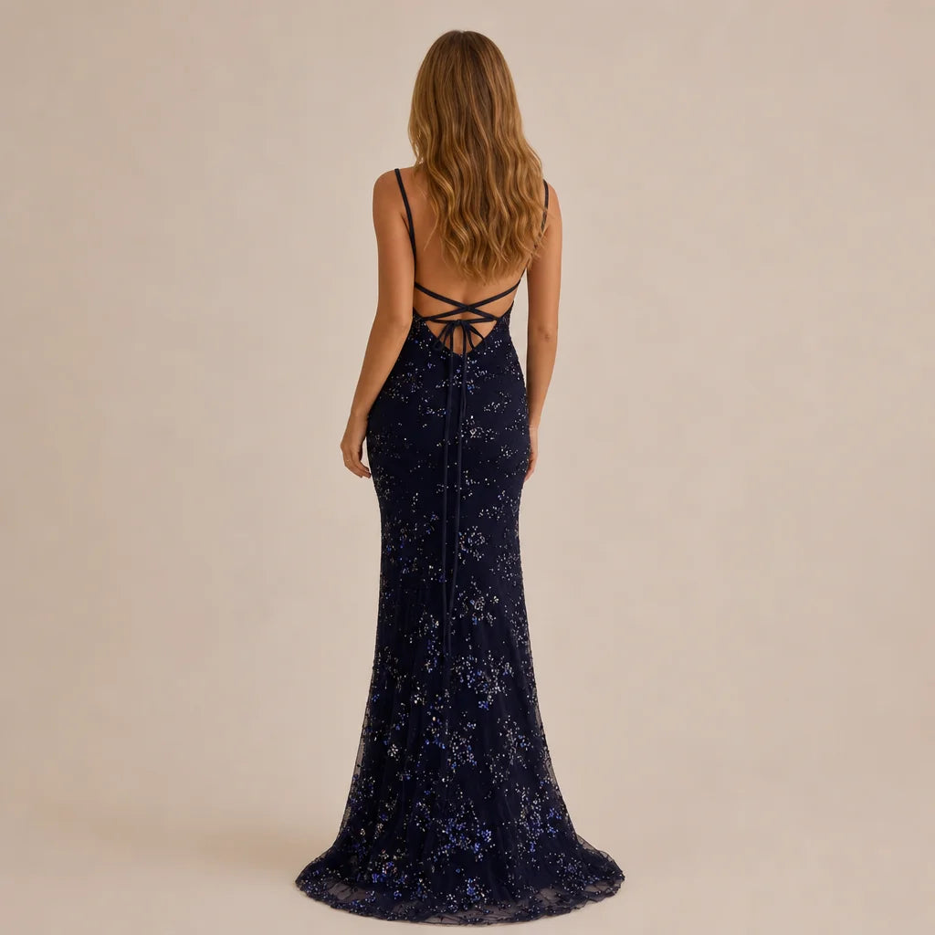 V-Neck Sequin Lace-Up Backless Mermaid Gown – Sparkly Prom Dress | Oyese