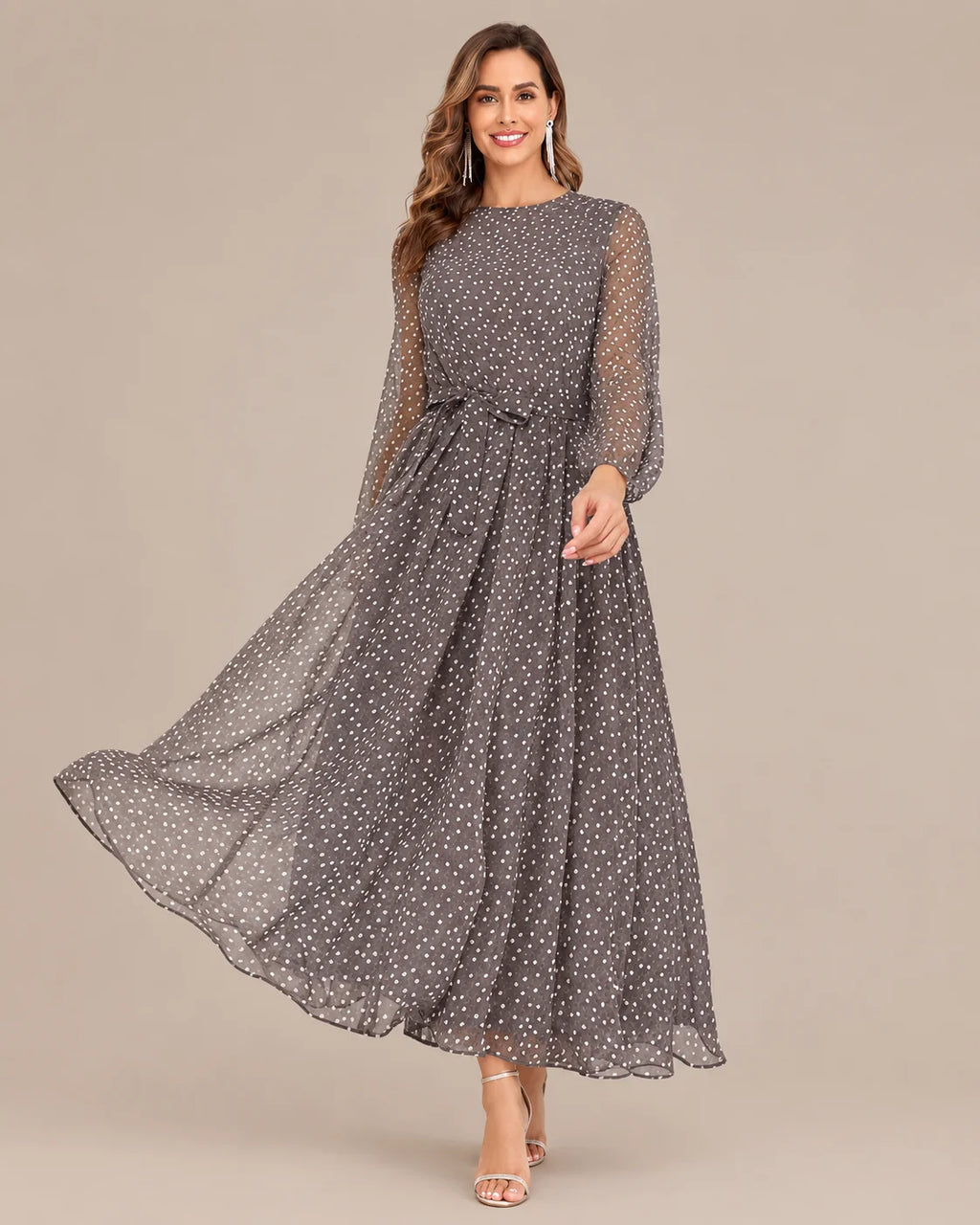 Sheer Long Sleeve Polka Dot Swing Midi Dress | Oyese