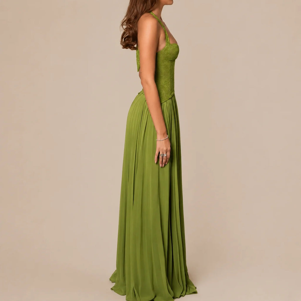 Lace Corset Halter Maxi Dress – Pleated A-Line Backless Formal Gown | Oyese