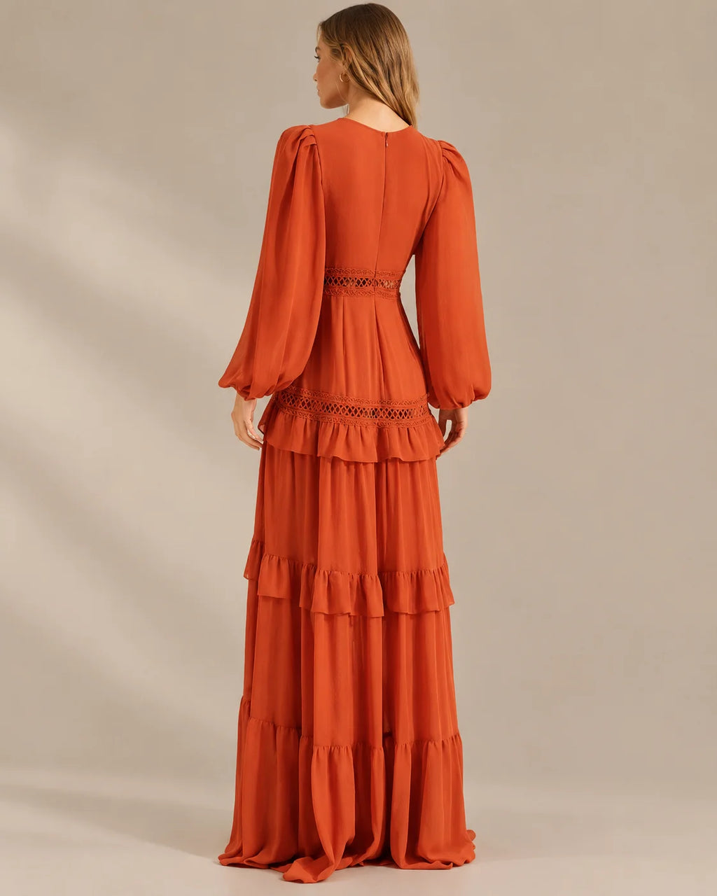 Deep V Lace Trim Tiered Maxi Dress – Long Sleeve Chiffon Gown | Oyese