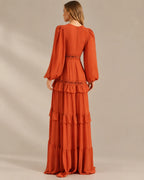 Deep V Lace Trim Tiered Maxi Dress – Long Sleeve Chiffon Gown | Oyese