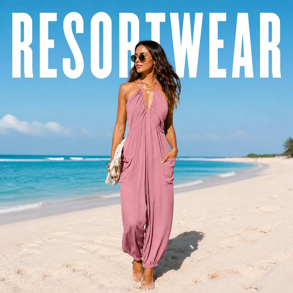 Halter Neck Wide-Leg Jumpsuit in Tropical Print