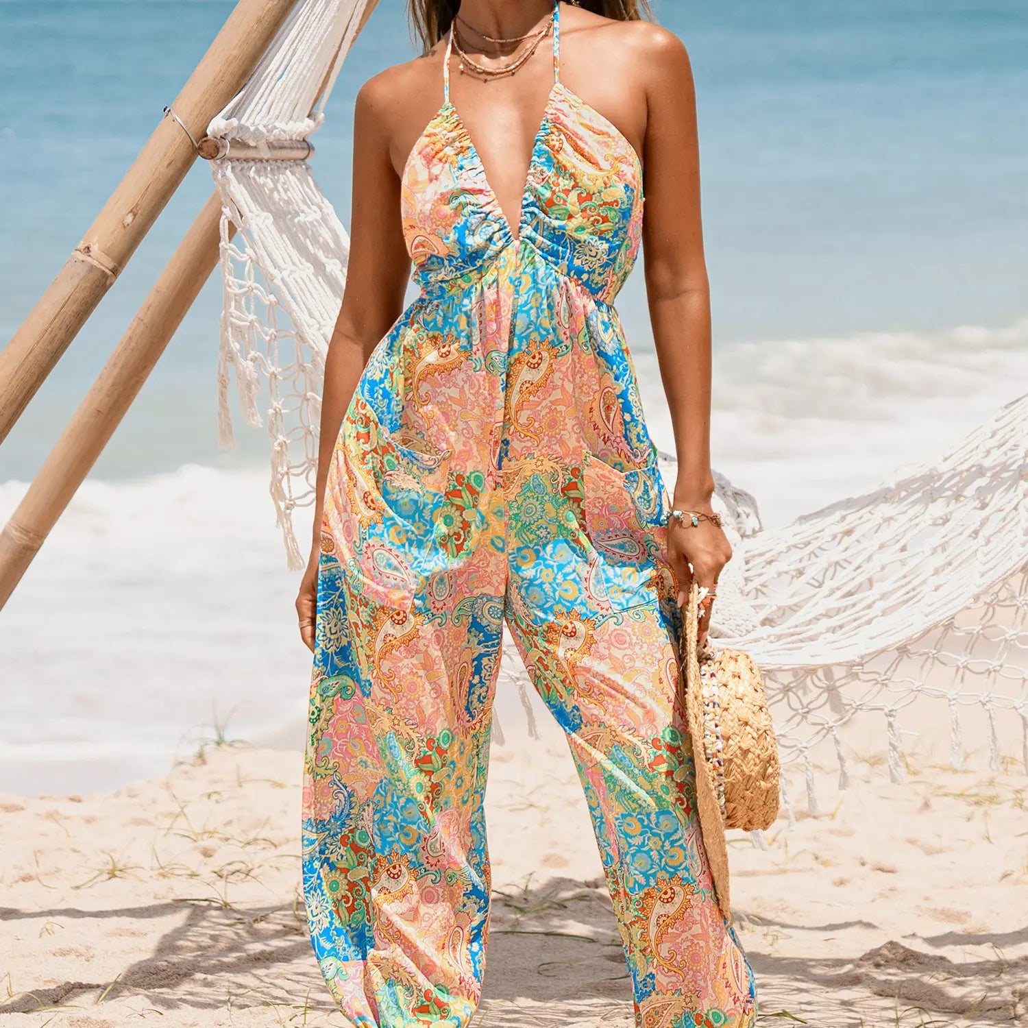 Halter Neck Wide-Leg Jumpsuit in Tropical Print