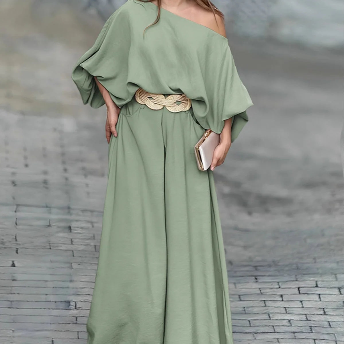 Satin Flow Off-Shoulder Two-Piece Set