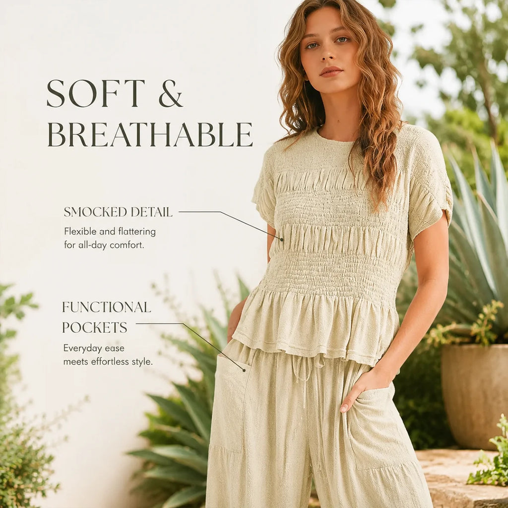 Women's 2-Piece Smocked Top & Wide-Leg Pants Set