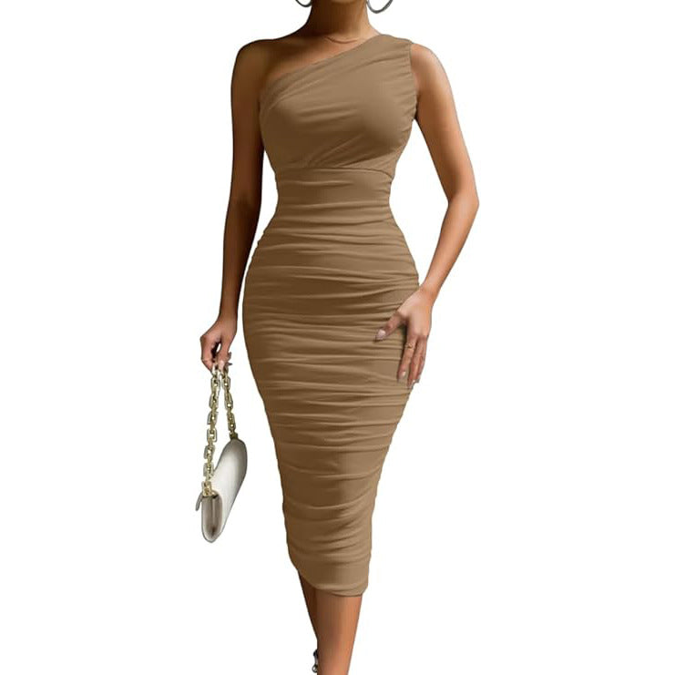 One Shoulder Ruched Bodycon Midi Dress – Sexy Club & Party Style | Oyese