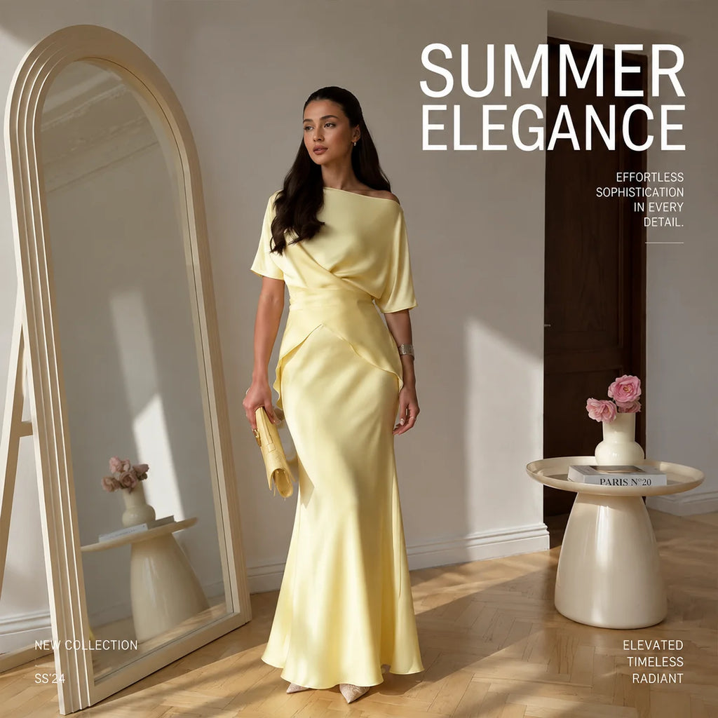 Lemon Satin Off-Shoulder Wrap Top & Maxi Skirt Set