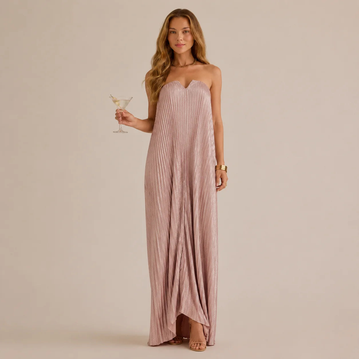 Strapless Pleated Maxi Gown – V-Notch Accordion Pleat Formal Dress | Oyese