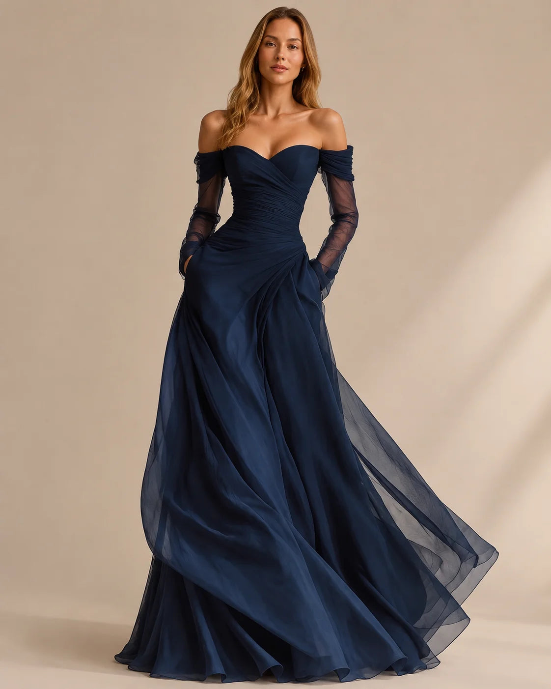 Off Shoulder Sweetheart Tulle Maxi Dress – Sheer Long Sleeve Formal Gown | Oyese