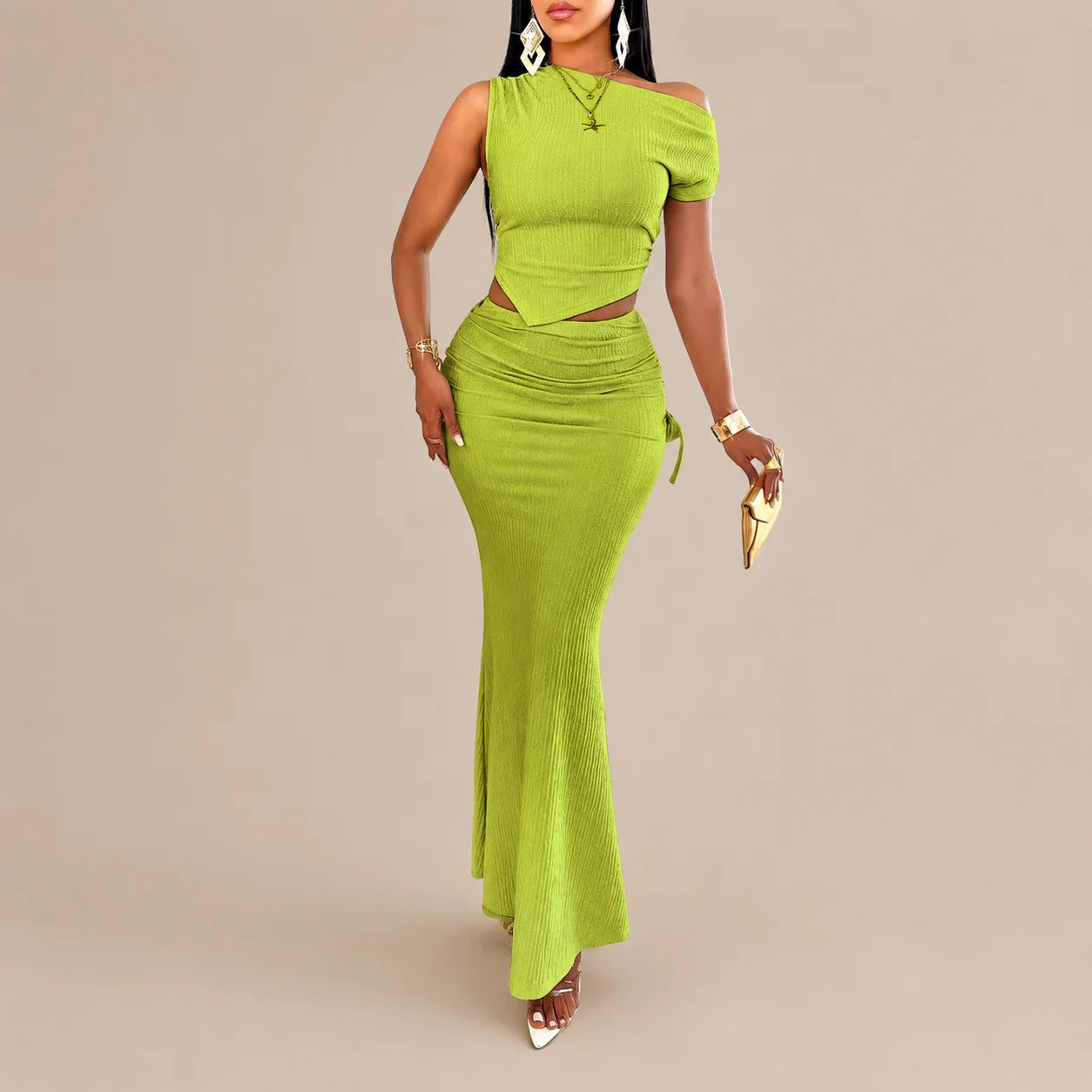 One Shoulder Crop Top & Ruched Mermaid Skirt Set – Asymmetric 2-Piece | Oyese