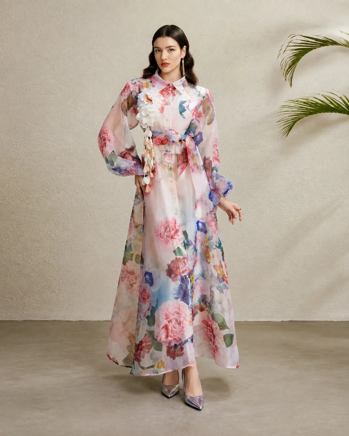 Vintage Floral Puff Sleeve Belted Maxi Dress | Oyese