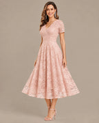 Lace V-Neck Short Sleeve Fit-and-Flare Knee Dress | Oyese