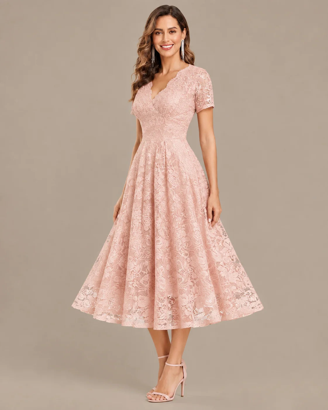 Lace V-Neck Short Sleeve Fit-and-Flare Knee Dress | Oyese