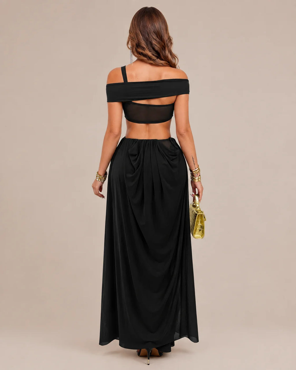 Off-Shoulder Cutout Mesh Draped Maxi Dress | Oyese
