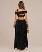 Off-Shoulder Cutout Mesh Draped Maxi Dress | Oyese