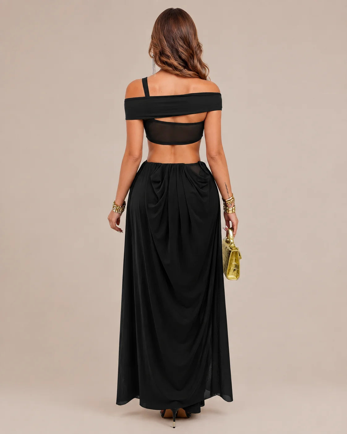 Off-Shoulder Cutout Mesh Draped Maxi Dress | Oyese