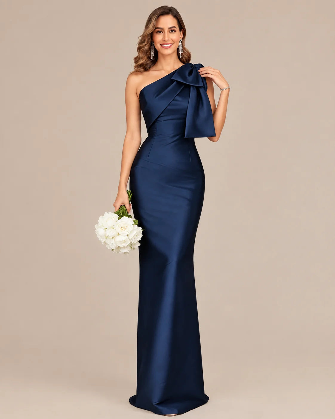 One-Shoulder Bow Satin Mermaid Evening Gown | Oyese