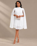 Mock Neck Pleated Chiffon Cape Shift Dress | Oyese