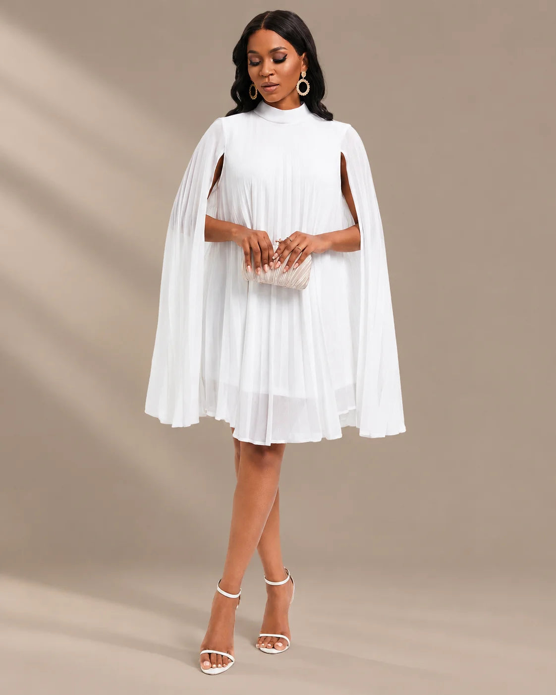 Mock Neck Pleated Chiffon Cape Shift Dress | Oyese