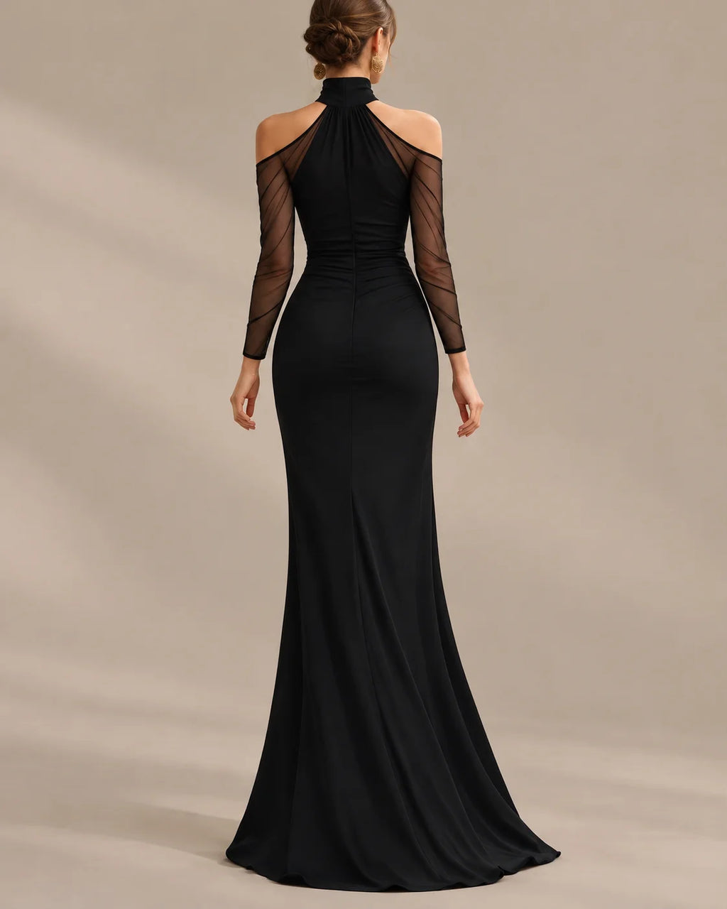 Halter Mock Neck Mermaid Maxi Dress – Sheer Long Sleeve Evening Gown | Oyese