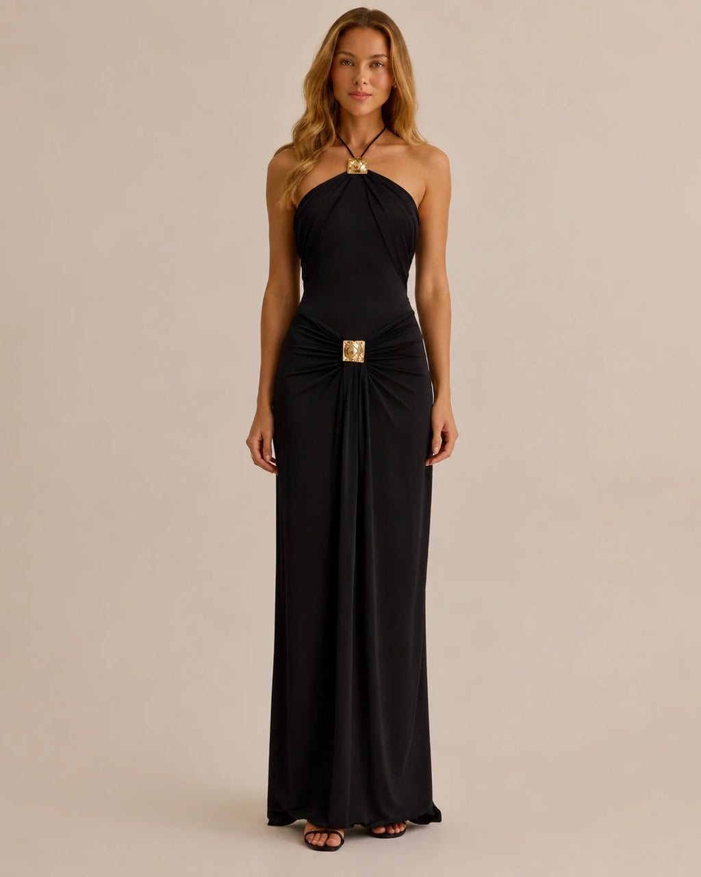 Halter Neck Draped Gold Hardware Maxi Dress – Minimalist Bodycon Gown | Oyese