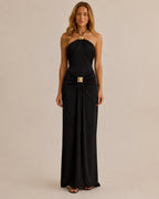 Halter Neck Draped Gold Hardware Maxi Dress – Minimalist Bodycon Gown | Oyese