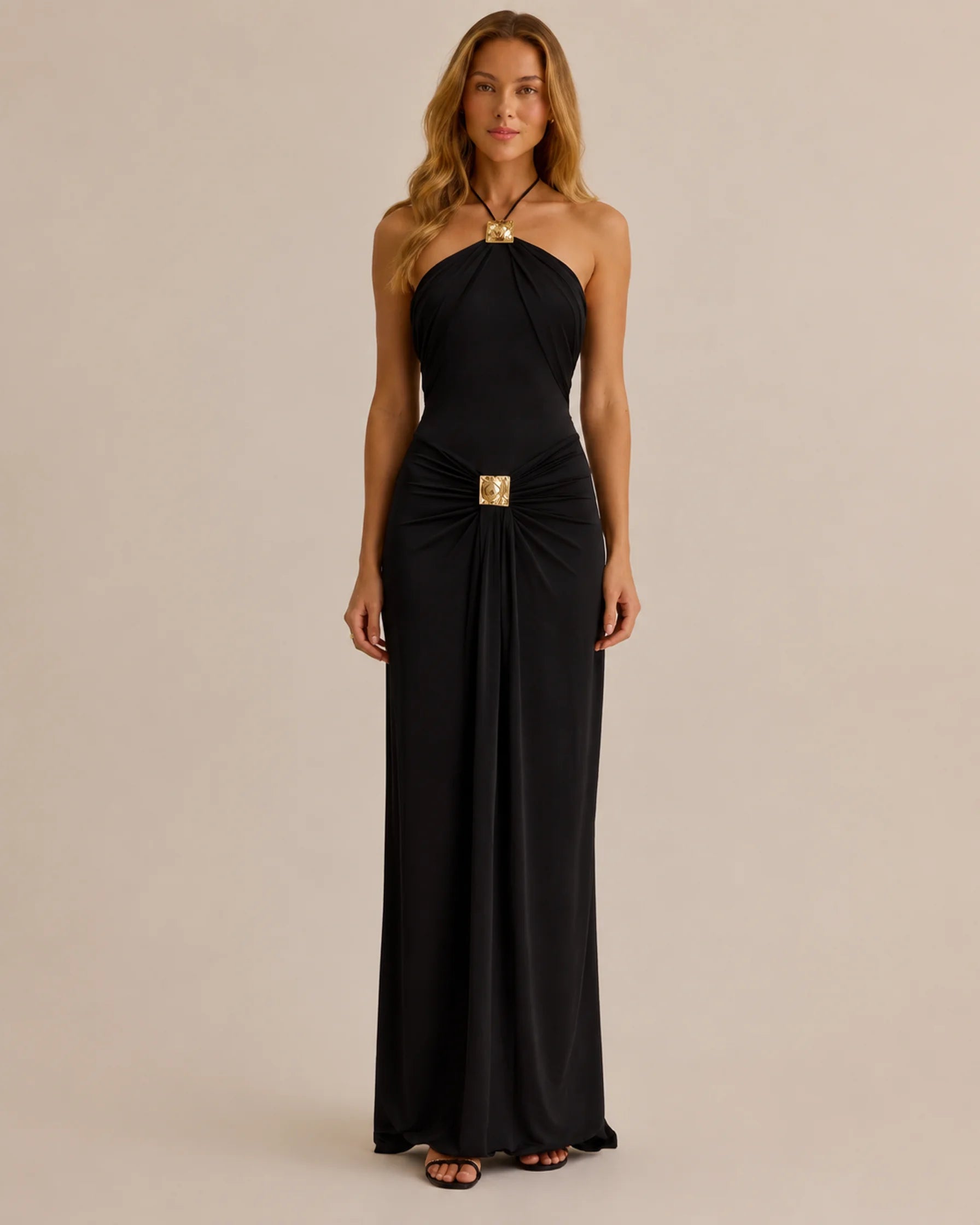 Halter Neck Draped Gold Hardware Maxi Dress – Minimalist Bodycon Gown | Oyese