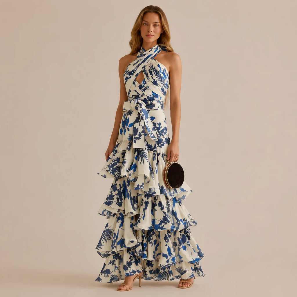 Halter Wrap Tiered Ruffle Maxi Dress – Floral Boho Vacation Gown | Oyese