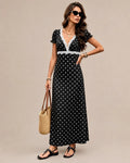 Polka Dot Lace Trim Puff Sleeve Maxi Dress – French Deep V Vintage | Oyese