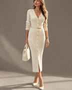 Ribbed Knit Button-Front Sweater Dress + Free Belt | Oyese