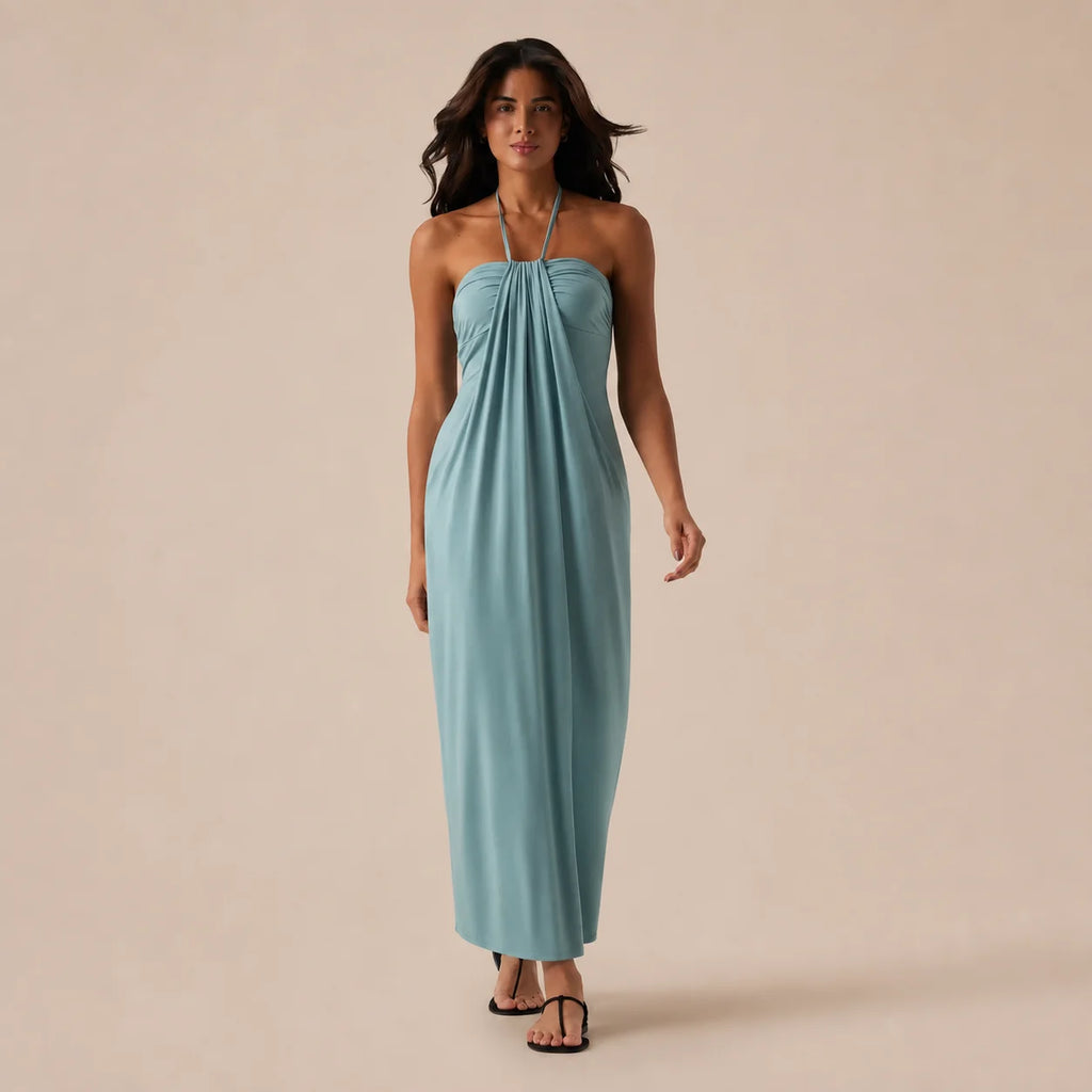 Halter Tie Gathered Maxi Dress with Pockets – Relaxed Summer Drape | Oyese